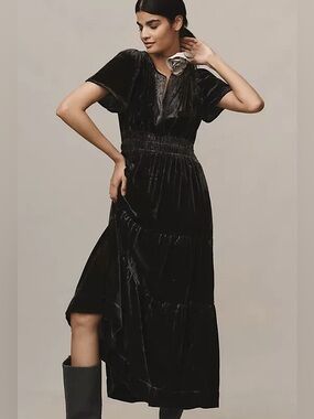 Anthropologie Somerset Short Sleeve Velvet Maxi Dress in Gunmetal